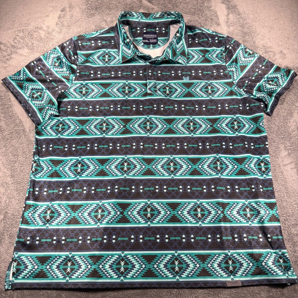 Panhandle Performance Mens XXL Polo Shirt Aztec Pearl Snap Teal Blue Black